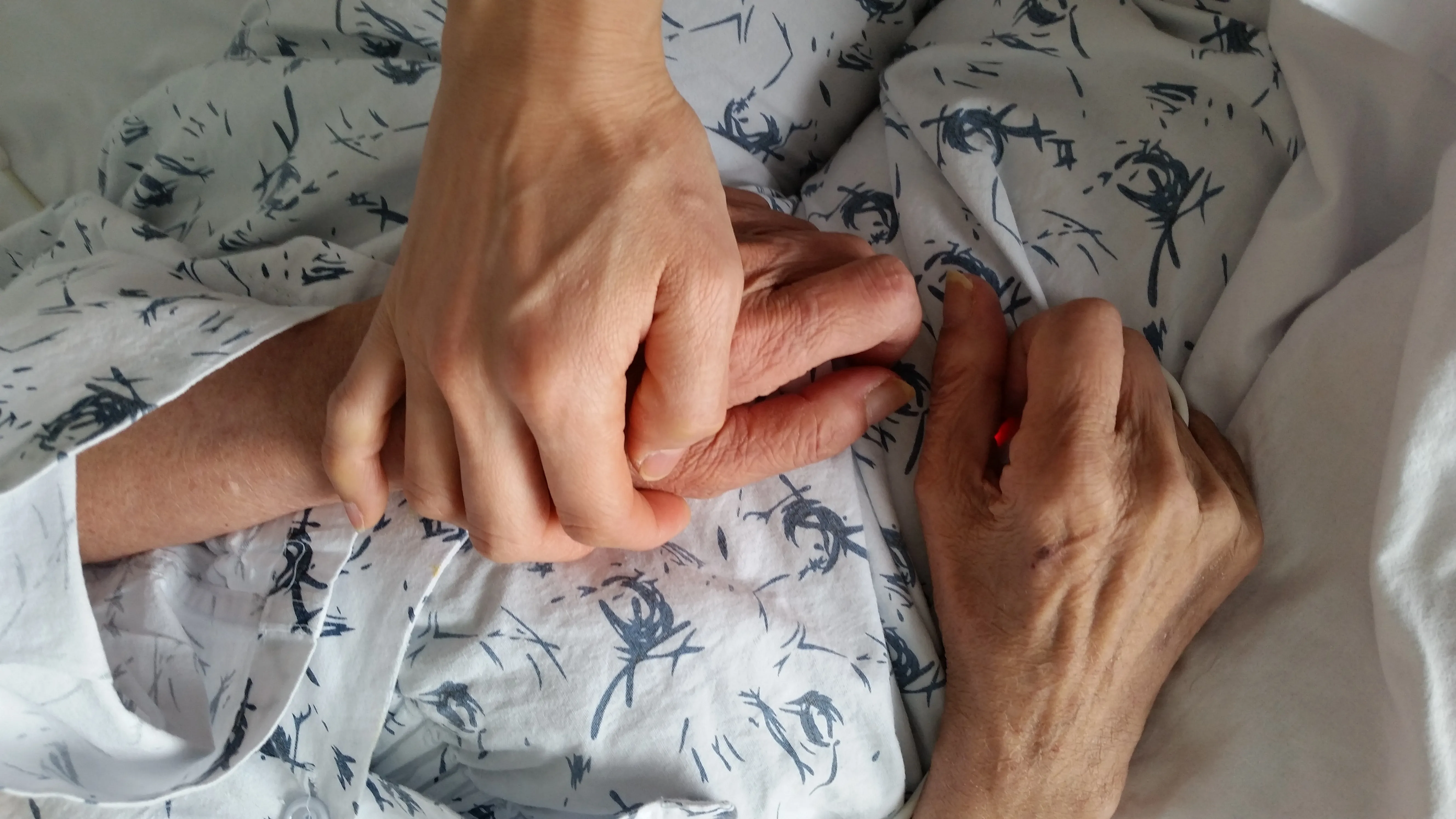 sostener la mano de un familiar anciano en el hospital durante la atención al final de la vida