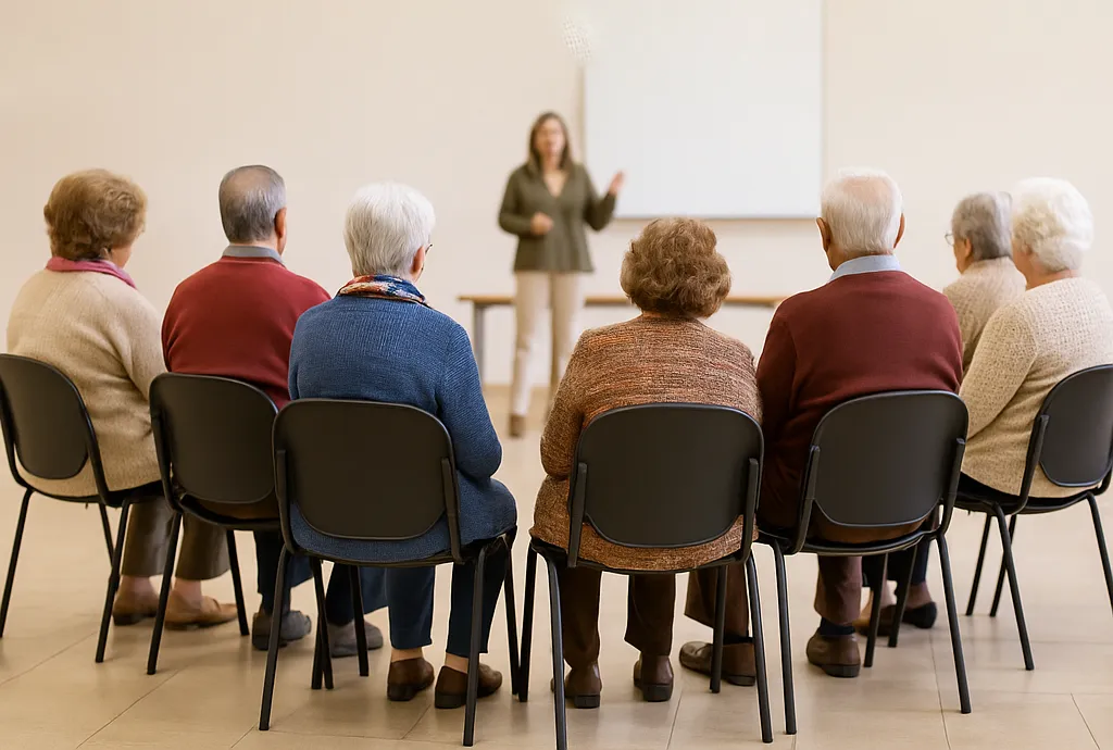 grupo de personas mayores escuchan a una formadora